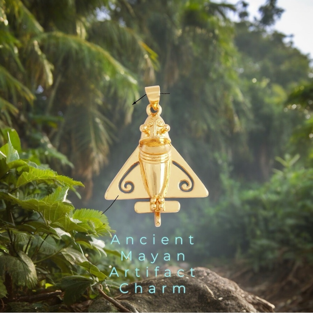 Ancient Astronaut Mayan Artifact Relic Reproduction Gold Tone Pendant Necklace